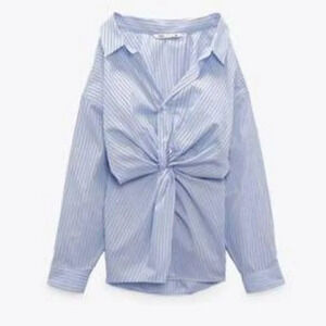 Zara Striped Button Up Shirt Off Shoulder Knot Front size M